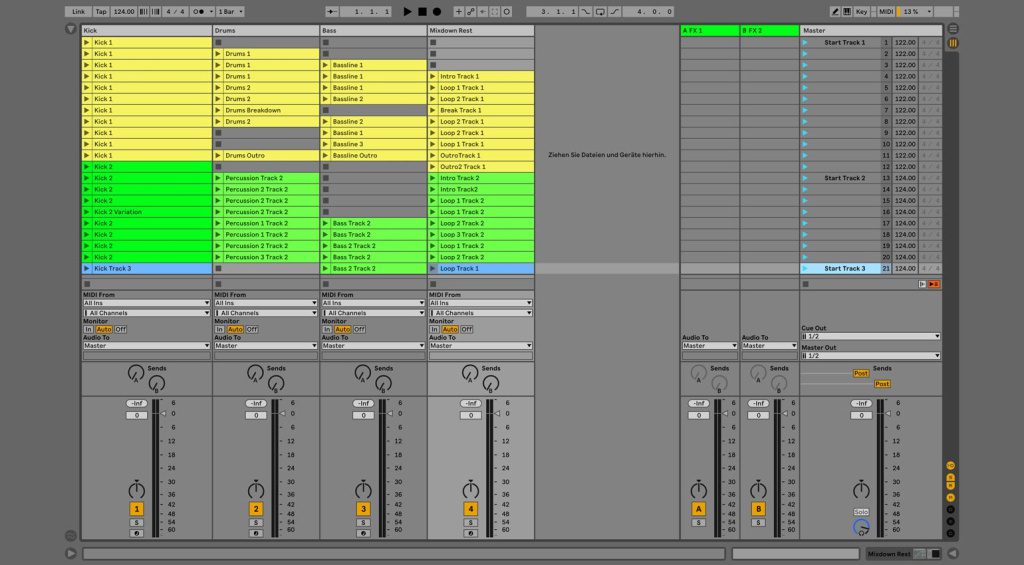 So könnte die Struktur eines Live-Sets in der Session-View aussehen