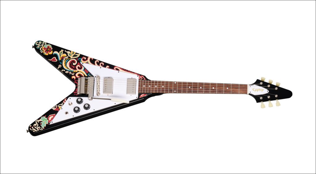 Die neue Epiphone Jimi Hendrix "Love Drops" Flying V ist die Nachbildung seiner handbemalten Gitarre aus den Jahren 1967-1969.